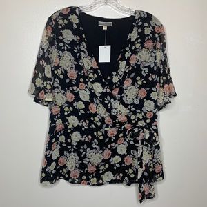 PLEIONE Blouse Black & Pink Floral Faux Wrap Tie Detail Flutter Sleeves Large